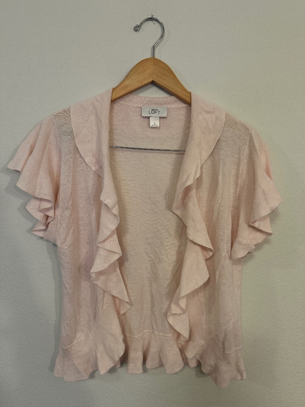 LOFT Light Pink Linen Cotton Ruffle Trim Open Cardigan Women's S